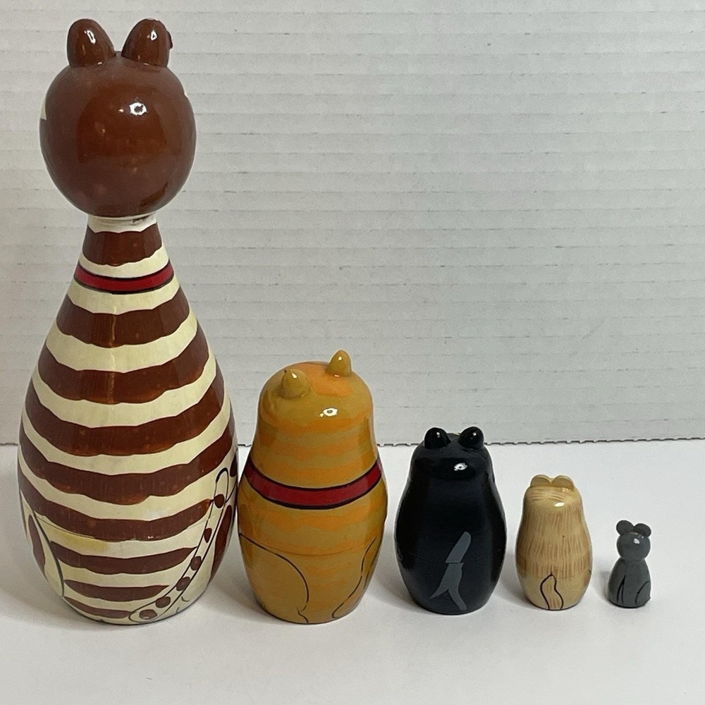 Cat Nesting Dolls Style Animal 5 Doll Set Wood Cat Kitten Kitty Yellow 7" Mouse - Picture 6 of 9